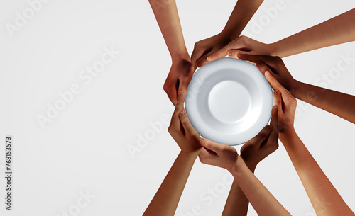 Community Food Bank or Global Hunger Crisis as a diverse group representing world famine and international distribution as hands holding an empty dinner plate as a hungry population starving for nutri photo