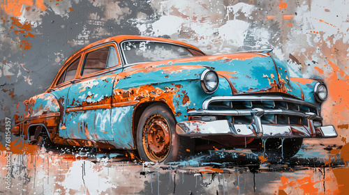 abstract painting of a retro car, car, picture, vector, illustration, art, model, style, glamour, design, drawing, paint, painting, color, oil, texture, grunge, artistic, textured, abstract  © Pana