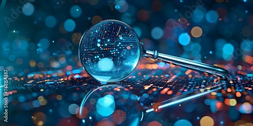 Analyzing digital data with a magnifying glass for cybersecurity research and virtual data inspection. Concept Cybersecurity Research, Virtual Data Inspection, Digital Data Analysis