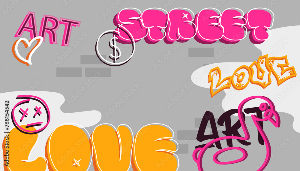 Graffity at street concept. Love inscription and hearts at brick walls. Street art and creaivity. Youth urban culture. Hooliganism and vandalism. Cartoon flat vector illustration