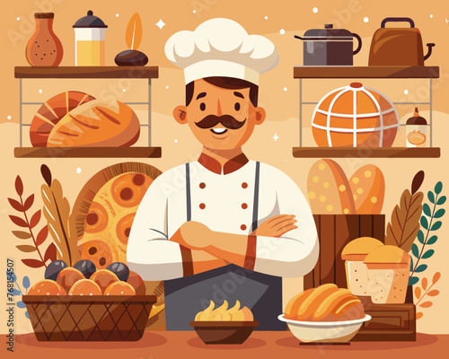 cook holds freshly baked bread. He is wearing a white apron and a chef's hat, smiling and standing against background of rustic kitchen. concept of advertising food, restaurants, cooking courses