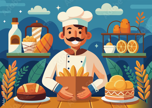 cook holds freshly baked bread. He is wearing a white apron and a chef's hat, smiling and standing against background of rustic kitchen. concept of advertising food, restaurants, cooking courses
