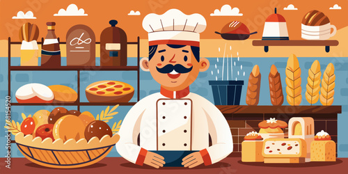 cook holds freshly baked bread. He is wearing a white apron and a chef's hat, smiling and standing against background of rustic kitchen. concept of advertising food, restaurants, cooking courses