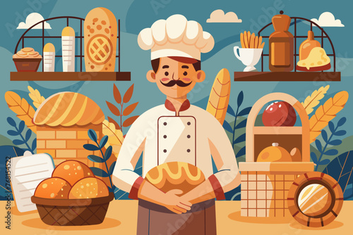 cook holds freshly baked bread. He is wearing a white apron and a chef's hat, smiling and standing against background of rustic kitchen. concept of advertising food, restaurants, cooking courses