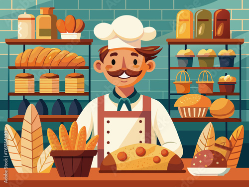 cook holds freshly baked bread. He is wearing a white apron and a chef's hat, smiling and standing against background of rustic kitchen. concept of advertising food, restaurants, cooking courses