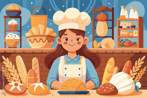 cook holds freshly baked bread. she is wearing a white apron and a chef's hat, smiling and standing against background of rustic kitchen. concept of advertising food, restaurants, cooking courses