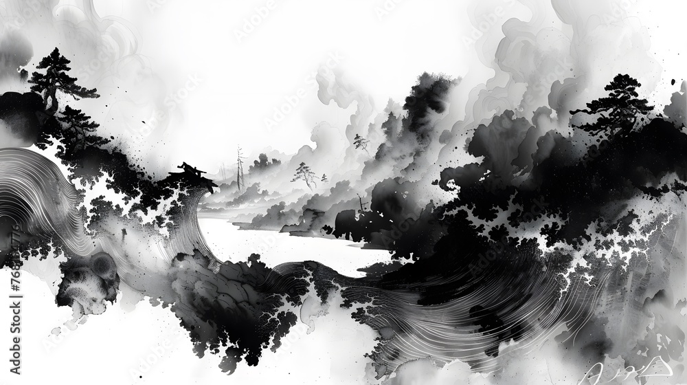 Black ink wash painting of a landscape with Japanese oriental style. - obrazy, fototapety, plakaty 