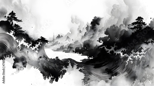 Black ink wash painting of a landscape with Japanese oriental style.