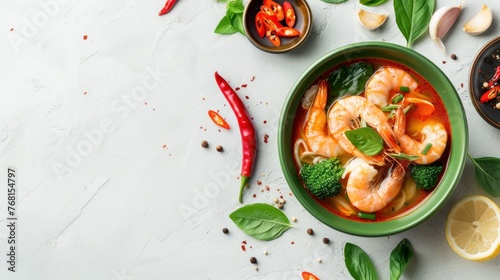 Top view tasty tom yum kung shrimp spicy food in bowl with ingredients on white table. AI generated photo