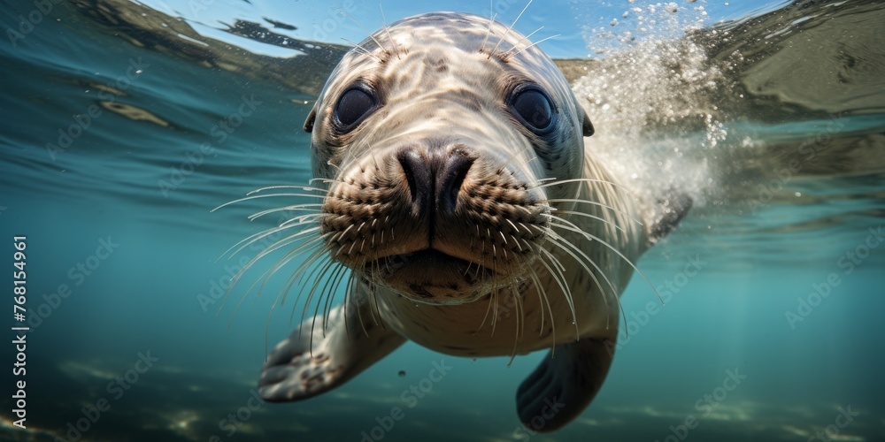 Obraz premium Aquatic Curiosity: Seal Gazing Underwater