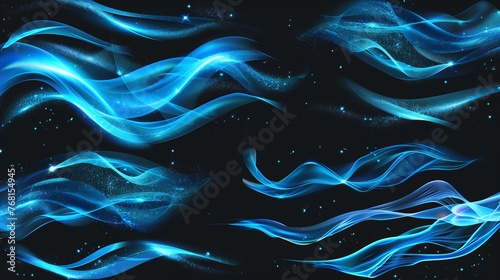 Blue wind waves effect. Abstract light motion trails with sparkles isolated on black background. Fresh cold air blowing from conditioner or cooler, vector realistic set