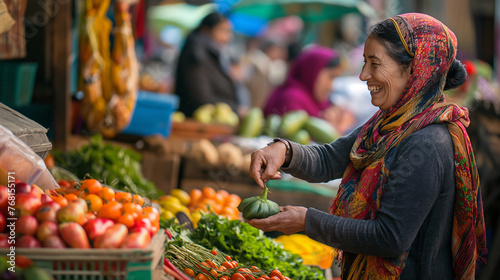 The market is filled with vibrant colors and lively chatter as people browse through the various stalls, woman happy to selling.