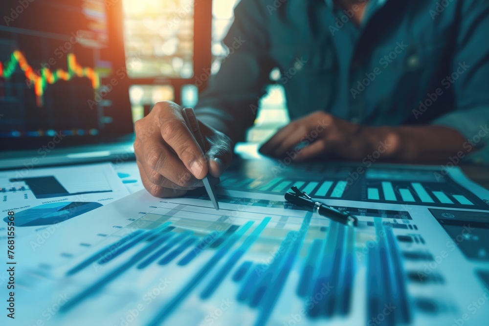 Illustration of a businessman analyzing objectives and the company's financial balance sheet, working with digital virtual graphics. Illustration of a businessman analyzing objectives and the company's financial balance sheet, working with digital virtual graphics.