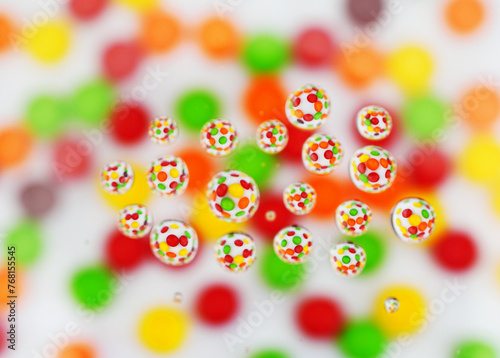 Assorted pieces of bright colorful round candy shot through water drops on white background
