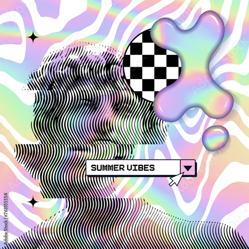 Wavy distorted Vaporwave antique statue on pastel colors holo groovy background with pop up and 3d melting blobs. Vector illustration.