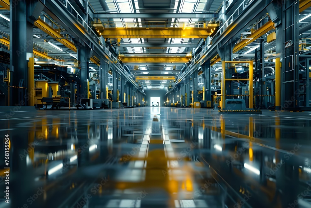 Fototapeta premium A futuristic manufacturing plant showcasing advanced robotics and digital technology in the automotive industry. Concept Automotive Innovation, Robotics in Manufacturing, Futuristic Technology