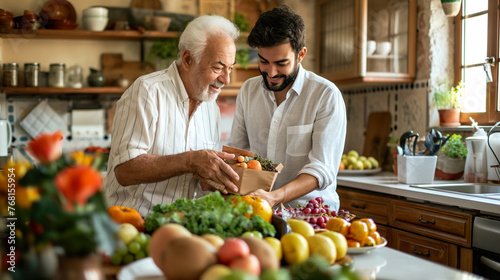 A young man surprising his elderly father with a thoughtful gift in their kitchen, the countertops adorned with fresh fruits and flowers, the father's expression filled.