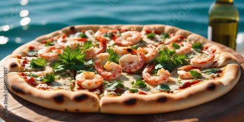 Pizza with Shrimp and Cilantro on a Wooden Table. A delicious pizza with plump shrimp and fresh cilantro leaves on a wooden table.