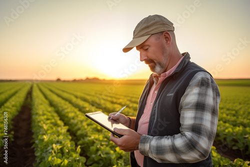 Farmer use tablet to analyze new data and conduct planting trials to find a variety of ways to develop and improve crop performance. Digitsl concept 