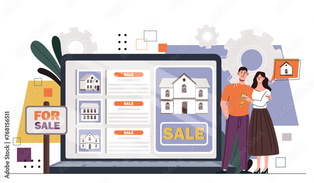 House for sale concept. Family searching for apartment with loupe. Investment and trading. Young couple with private property and real estate. Cartoon flat vector illustration