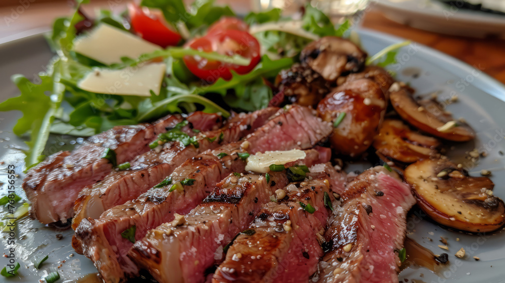steak and salad with ham, mushrooms, cheese on it,, Generative AI steak and salad with ham, mushrooms, cheese on it,, Generative AI