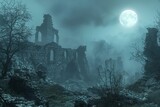 Medieval castle ruins under a full moon, misty and mysterious , blender