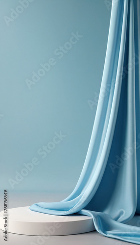 Mockup for design white podium on a blue background with blue silk fabric in the form of drapery