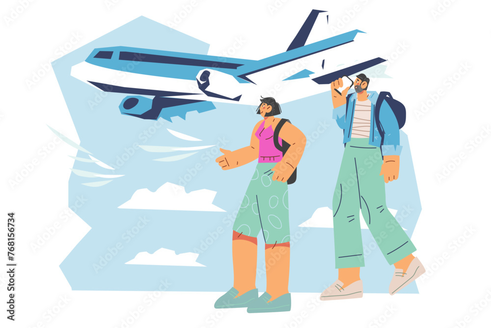Couple and family flight traveling vacation banner background, flat vector illustration isolated on white. Happy travelers against the sky with a flying airplane. Couple and family flight traveling vacation banner background, flat vector illustration isolated on white. Happy travelers against the sky with a flying airplane.