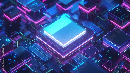 Isometric banner depicting a futuristic blue neon microchip symbolizing data exchange and collection, representing concepts like quantum computing, large data processing, and databases.
