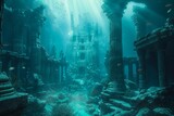 Undersea adventure, ancient ruins and exotic fish in coral reef , blender