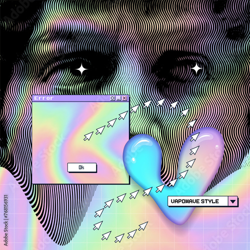 Vector Vaporvawe distorted Michelangelo s David bust design for trendy digital banner. Vintage Aesthetics contemporary art collage. Postmodern style poster concept with popup. Vector holo illustration
