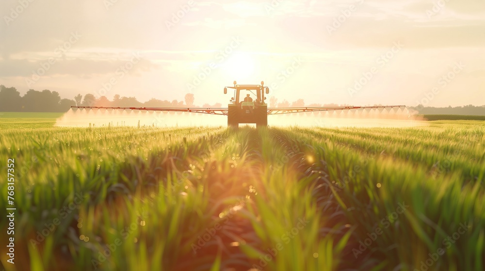 Fototapeta premium Tractor Driving Through Green Grass Field