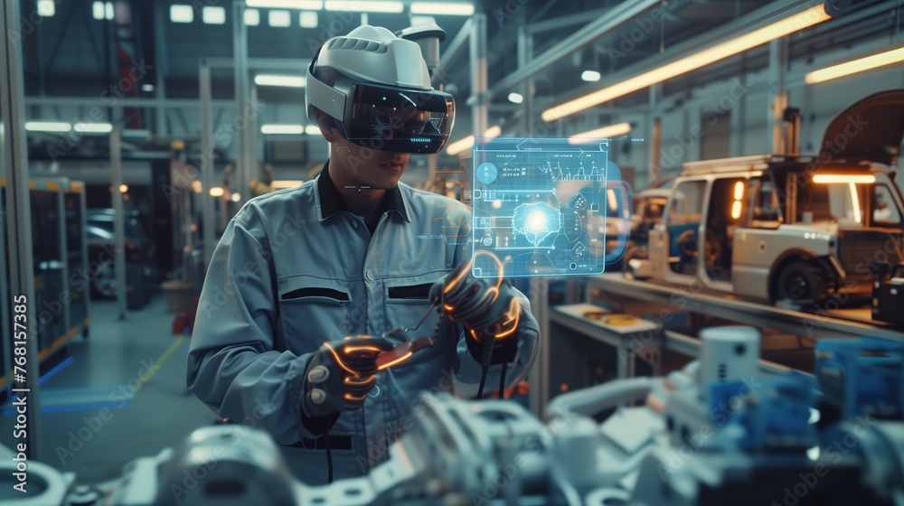 Obraz premium Mechanic Operating Machine in Factory
