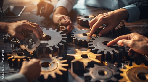 A dynamic, close-up shot of a team of business professionals in the process of joining together intricate gears, with a focus on their hands and the gears.