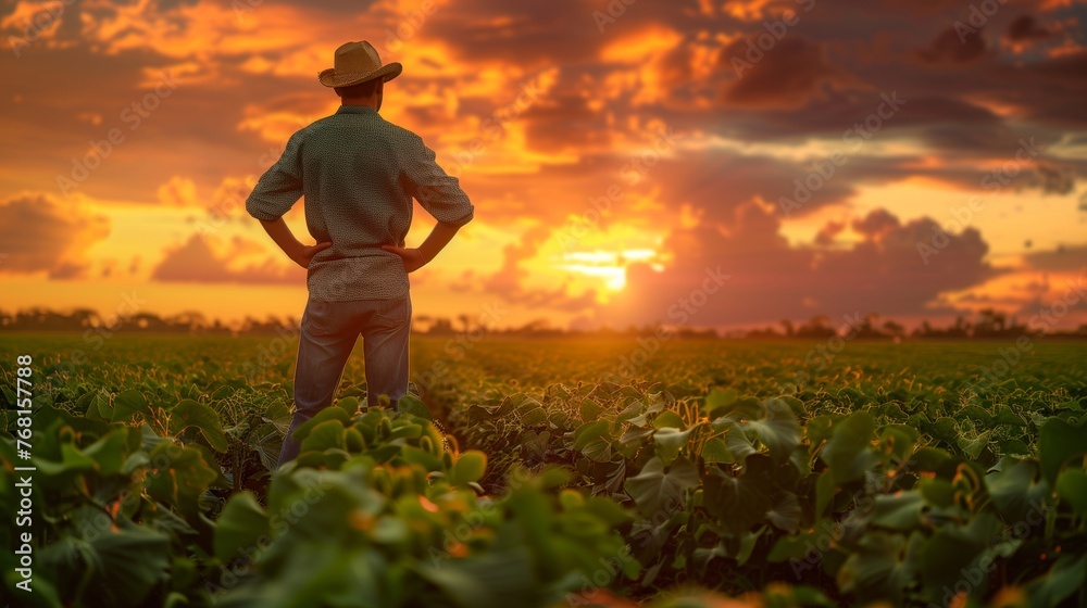 Fototapeta premium Brazilian Farmer Standing in Sunset Field