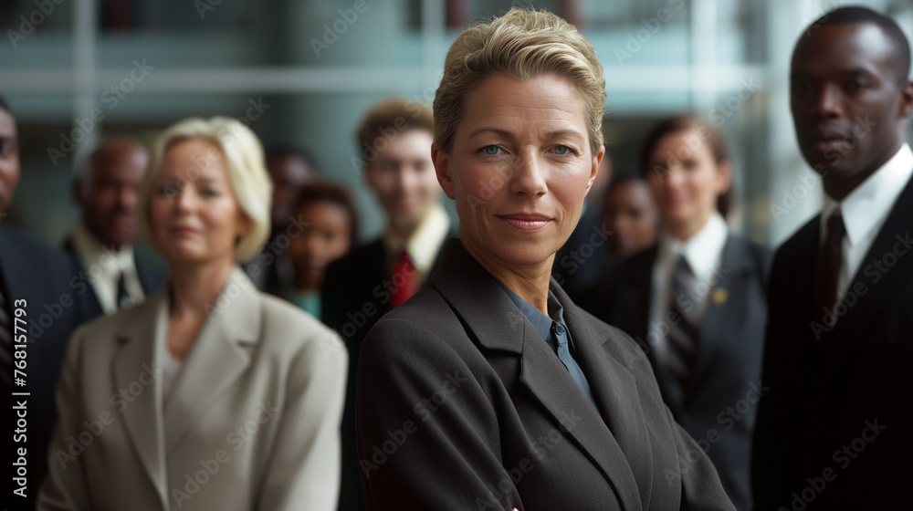 A mature businesswoman stands as a central figure within a group of colleagues, their collective synergy and partnership highlighted . A mature businesswoman stands as a central figure within a group of colleagues, their collective synergy and partnership highlighted .