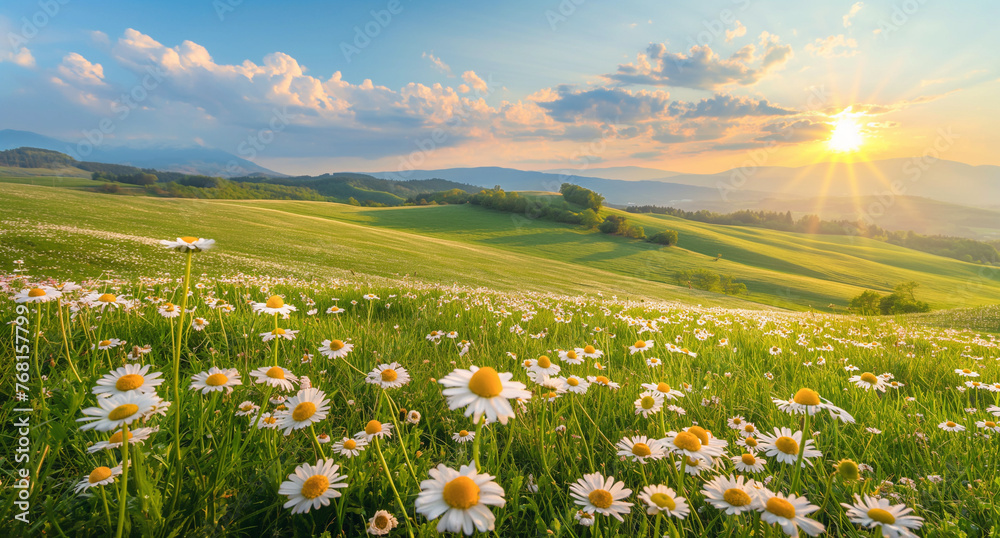 Beautiful summer landscape with daisies field on green hills at sunset