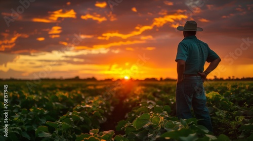 Brazilian Farmer Standing in Field at Sunset