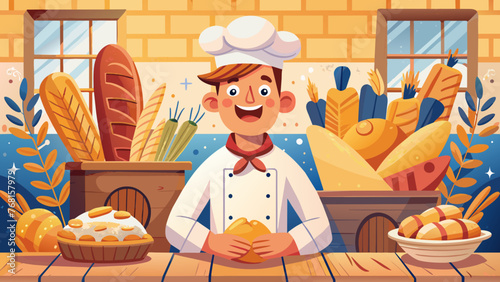 cook holds freshly baked bread. He is wearing a white apron and a chef's hat, smiling and standing against background of rustic kitchen. concept of advertising food, restaurants, cooking courses