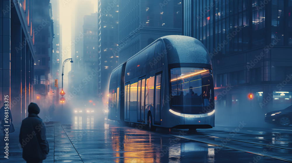 Ultra-modern tram moves through a foggy city street at dusk as pedestrians watch