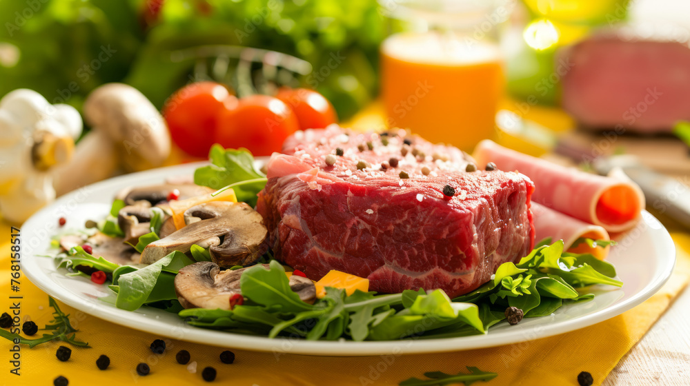 Photo of raw steak and salad with cheese, mushrooms, ham on plate on yellow tablecloth, Generative AI