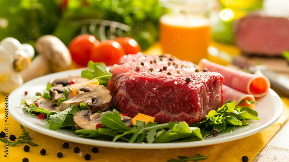 Fototapeta premium Photo of raw steak and salad with cheese, mushrooms, ham on plate on yellow tablecloth, Generative AI