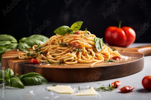 Delicious spaghetti on a wooden board against a white marble background