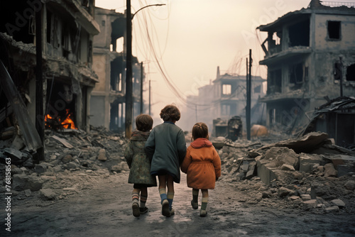 children in a war-torn city look at the ruins of his home, Children Walking Amidst Destroyed Building Ruins Photorealism