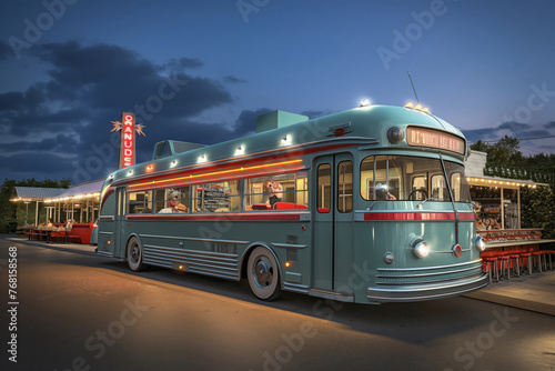 Retro diner bus illuminated at dusk  offering a nostalgic dining experience