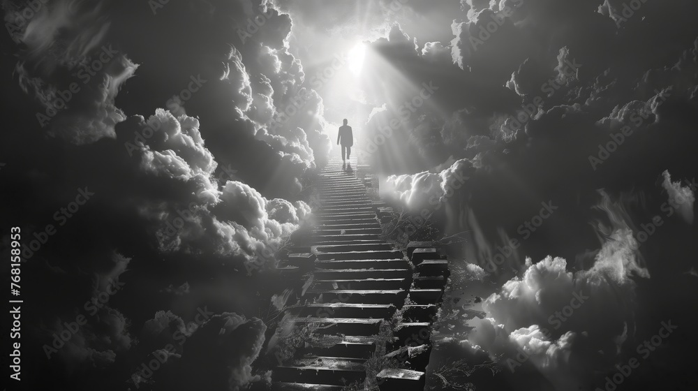 Man Ascending Stairway in Clouds Man Ascending Stairway in Clouds