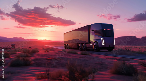 Autonomous semi truck cruises on desert highway against a vibrant sunset backdrop