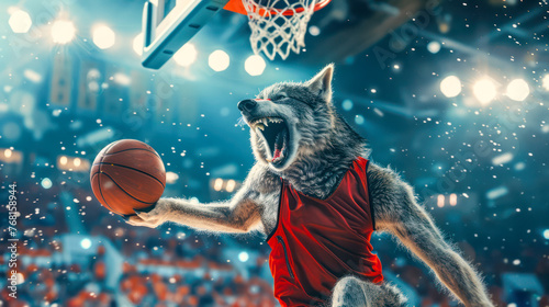  Wolf Character Slam Dunking a Basketball in an Energetic Stadium Scene