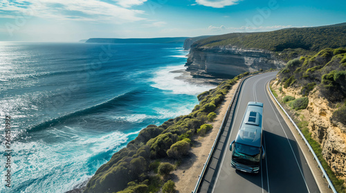 Embark on a leisurely coastal road trip adventure in a spacious camper van with breathtaking aerial views of the ocean and scenic drive along the coastal highway