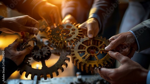 A dynamic, close-up shot of a team of business professionals in the process of joining together intricate gears, with a focus on their hands and the gears.